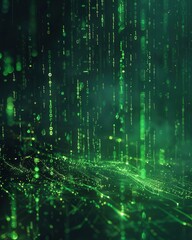 Green digits raining down a dark background, tech essence, soft glow, aerial view, abstract futuristic style