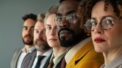 A group of people wearing glasses and ties stand in a line. Concept of professionalism and formality, as the individuals are dressed in suits and ties. The group appears to be posing for a photo