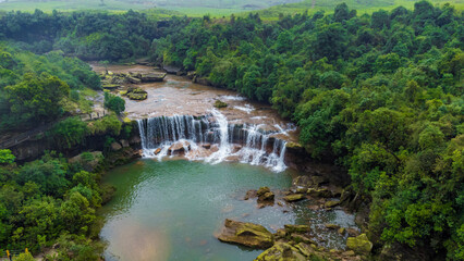 Aerial view of mawsawa falls located in cherrapunji in East khasi hills in cherrapunjee, meghalaya India.