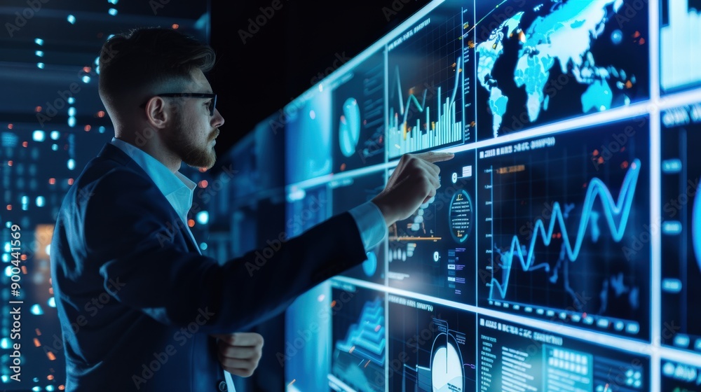 Poster a man is pointing at a computer screen with a lot of graphs and numbers. he is wearing a suit and gl