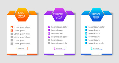 Business pricing plans table and pricing chart Price list for web or app.
 Ui UX pricing design tables with Tariff plans comparison,subscription features checklist
 and business plans. Product