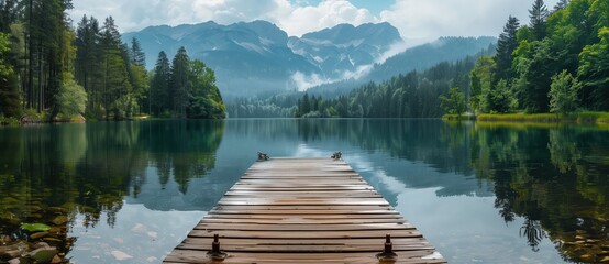 Wooden dock on lake with forest and mountains in background