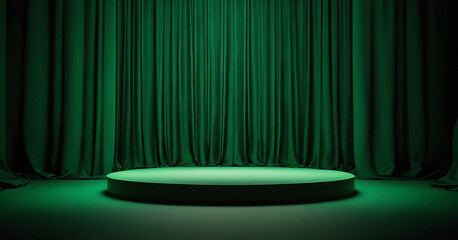 A round, green velvet podium illuminated by a spotlight against a green curtain backdrop, perfect for showcasing products, highlighting awards, or creating elegant visuals.