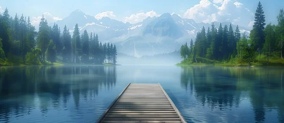 Foto op Plexiglas Wooden dock on lake with forest and mountains in background © Pavel