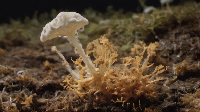 Microscope of mucous mold exploding in natural habitat, transparent filaments, shimmering spores. Microbiology lab concepts. Generative AI