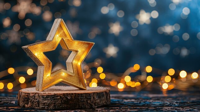 3d golden star decoration on wooden stump with sparkling bokeh lights background - Powered by Adobe