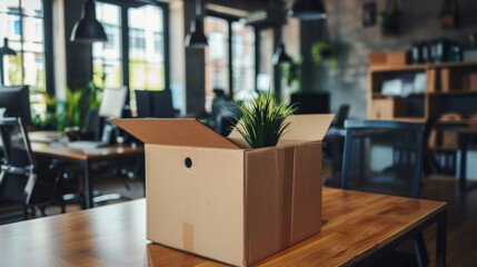 Empty office desk with a box and plant