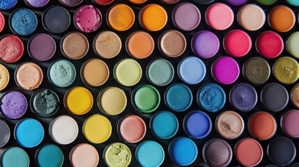 Assorted eye shadow palettes with vibrant colors arranged neatly Top view of professional makeup products showcasing diverse shades Beauty and cosmetics background