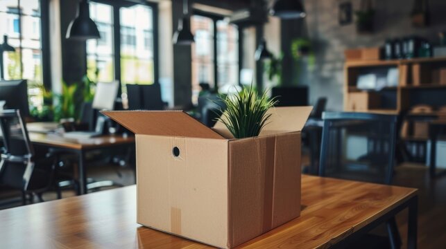 Empty office desk with a box and plant