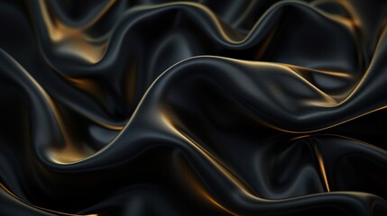 Fototapeta premium An intricate look at a luxurious, wavy fabric with a silky texture, showcasing contrasting black and gold tones. It has a refined and smooth wavy appearance