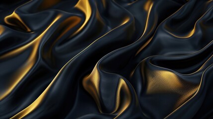Fototapeta premium A close-up of a rich, wavy fabric with a silky feel, showcasing contrasting shades of black and gold. A smooth and elegant wavy pattern.