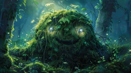 Obraz premium A mystical green creature with glowing eyes hides in the lush forest.