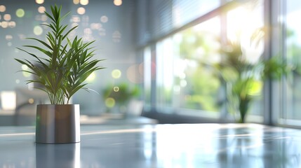Blurred background of a modern office interior with panoramic windows and sunlight, blurred bokeh lights and green plants visible outside the window