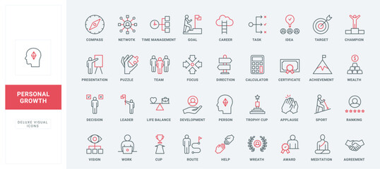 Personal development and growth, skills training line icons set. Work life balance and direction to success, task and time management, leadership thin black and red outline symbols vector illustration
