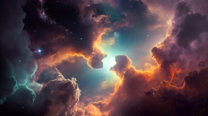 Fototapeta premium Dramatic Cosmic Cloudscape with Colorful Nebula and Glowing Light in Deep Space