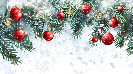 Watercolor Christmas background framed with snow-covered fir branches with festive red Christmas balls. Holiday card, greeting, background, banner, wallpaper. Copy space.