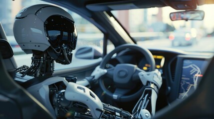 Fototapeta premium Humanoid robot driving a car on the highway