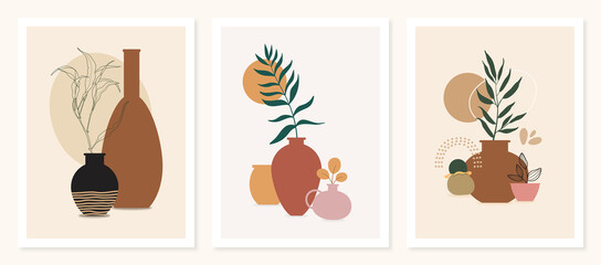 leaves in a vase. Foliage line art drawing with abstract shape. Abstract Plant Art design for print, cover, wallpaper, Minimal and natural wall art