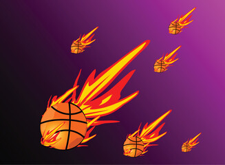 Fiery basketball flying through the air leaving a trail of flames