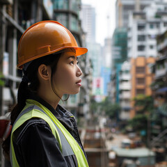 Asian woman inspector in worksite looking at buildings 