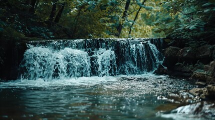 Obraz premium Water gently cascades over rocks in a serene forest setting during the late afternoon