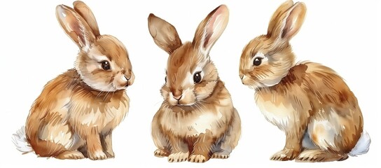 watercolor three cute brown bunnies isolated on a white background, in the style of clipart