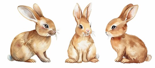watercolor three cute brown bunnies isolated on a white background, in the style of clipart