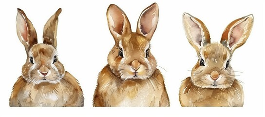 watercolor three brown rabbits clipart, set of vector illustrations in the style of on white background