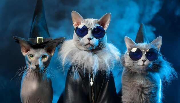 drei, katze, gruppe, halloween, tier, tiere, close up, kost&uuml;m, blau, neu, qualm, nebel, mystisch, maskerade, sonnenbrille, katzen, party, urlaub, nacht, nachts, k&auml;tzchen, 3, ad, karte, copy space, y2k