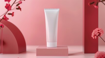 Fototapeta premium White Lotion Tube on Pink Platform