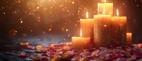 Candles on the background of dark brown, candles light up in different directions