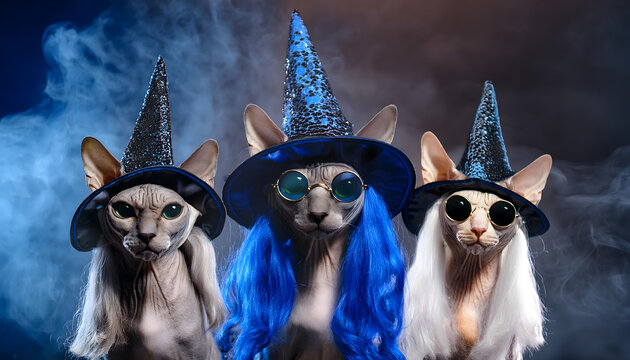 drei, katze, gruppe, halloween, tier, tiere, close up, kost&uuml;m, blau, neu, qualm, nebel, mystisch, maskerade, sonnenbrille, katzen, party, urlaub, nacht, nachts, k&auml;tzchen, 3, ad, karte, copy space, y2k
