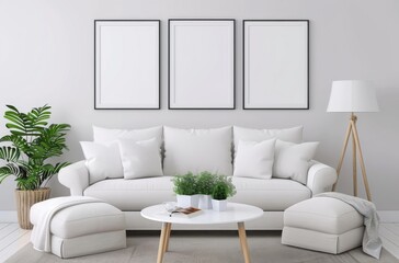 White Living Room With Three Framed Pictures