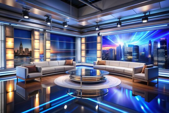 Modern sleek news studio set with glimmering LED lights, luxurious couches, and contemporary decor, perfect for television broadcast, media production, or journalism backgrounds.