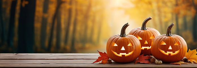 Three jack-o'-lanterns glow on a table with autumn leaves, perfect for Halloween decorations, party invites, or fall-themed projects.