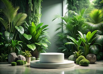 Obraz premium Podium background product green nature 3D forest stand white plant. Cosmetic background product podium display wood jungle studio garden beauty platform presentation mockup pedestal stone tropical