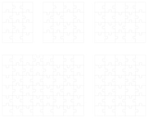 Illustration of five white puzzles, separate parts	