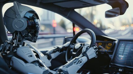 Fototapeta premium Humanoid robot driving a car on the highway