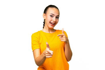 Young Arab woman over isolated background pointing to the front and smiling