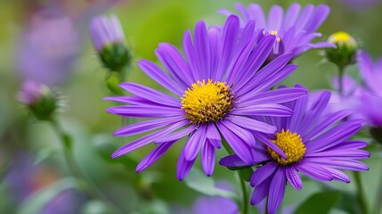 Obraz premium Detailed close-up of a vibrant purple aster flower, showcasing its delicate petals and intricate center