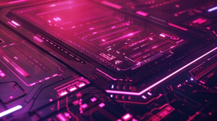Obraz premium Neon Circuitry: A close-up, abstract shot of a futuristic circuit board bathed in vibrant pink neon light, showcasing intricate details and a sense of technological advancement. 