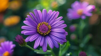 Obraz premium Detailed close-up of a vibrant purple aster flower, showcasing its delicate petals and intricate center