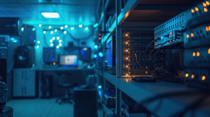 Blue Glow of Data: A server room bathed in a cool blue light, with rows of racks and blinking lights, capturing the essence of a high-tech data center. This image evokes a sense of mystery and power. 