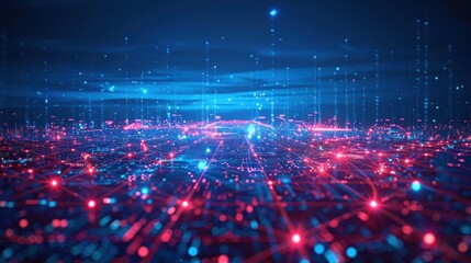 Obraz premium Neon Data Streams: A futuristic cityscape pulses with vibrant data streams, symbolizing the flow of information in the digital age. 