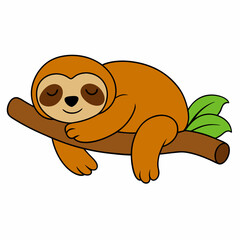 Cartoon sloth sleeping on tree branch vector art illustration