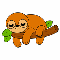 Cartoon sloth sleeping on tree branch vector art illustration