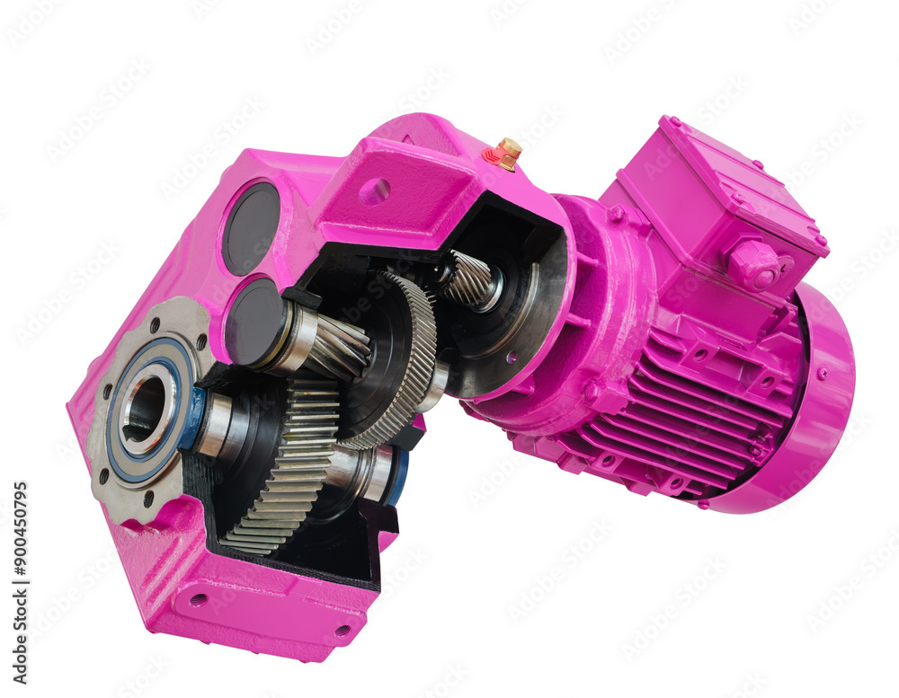 Poster a pink machine with gears and a motor isolated on white background. oncept of precision and engineer