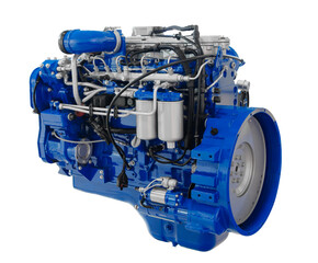 A blue diesel engine with a white and black design. The engine is large and powerful. The blue color of the engine gives it a sense of strength and durability