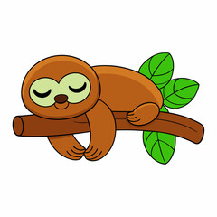 Cartoon sloth sleeping on tree branch vector art illustration