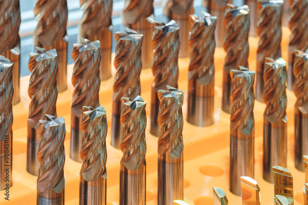 Poster several rows milling cutter drill cnc metalworking industrial machine. the concept of precision and 